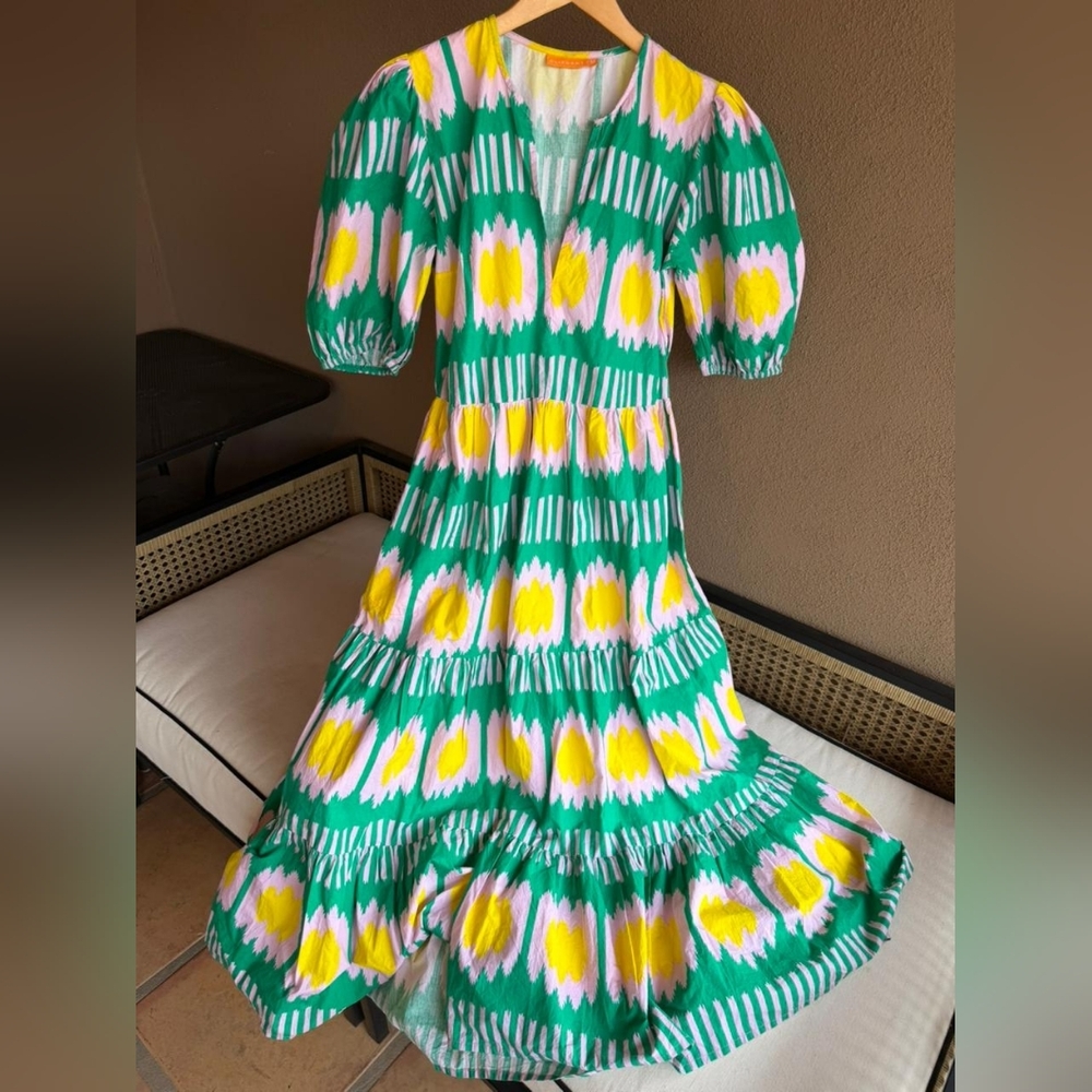 Oliphant Vibrant Green and Yellow  Puff Sleeve Maxi Dress 100% Cotton